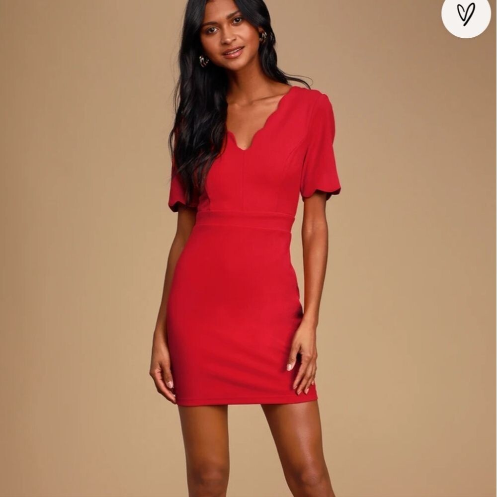 Lulus Truer Words Red Scalloped V-Neck Short Sleeve Bodycon Dress Size Medium